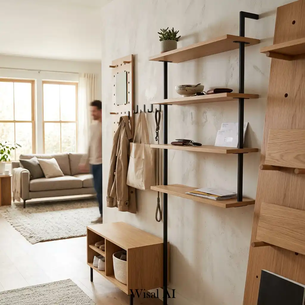 Modular entryway system combines bench hooks shelves and smart storage
