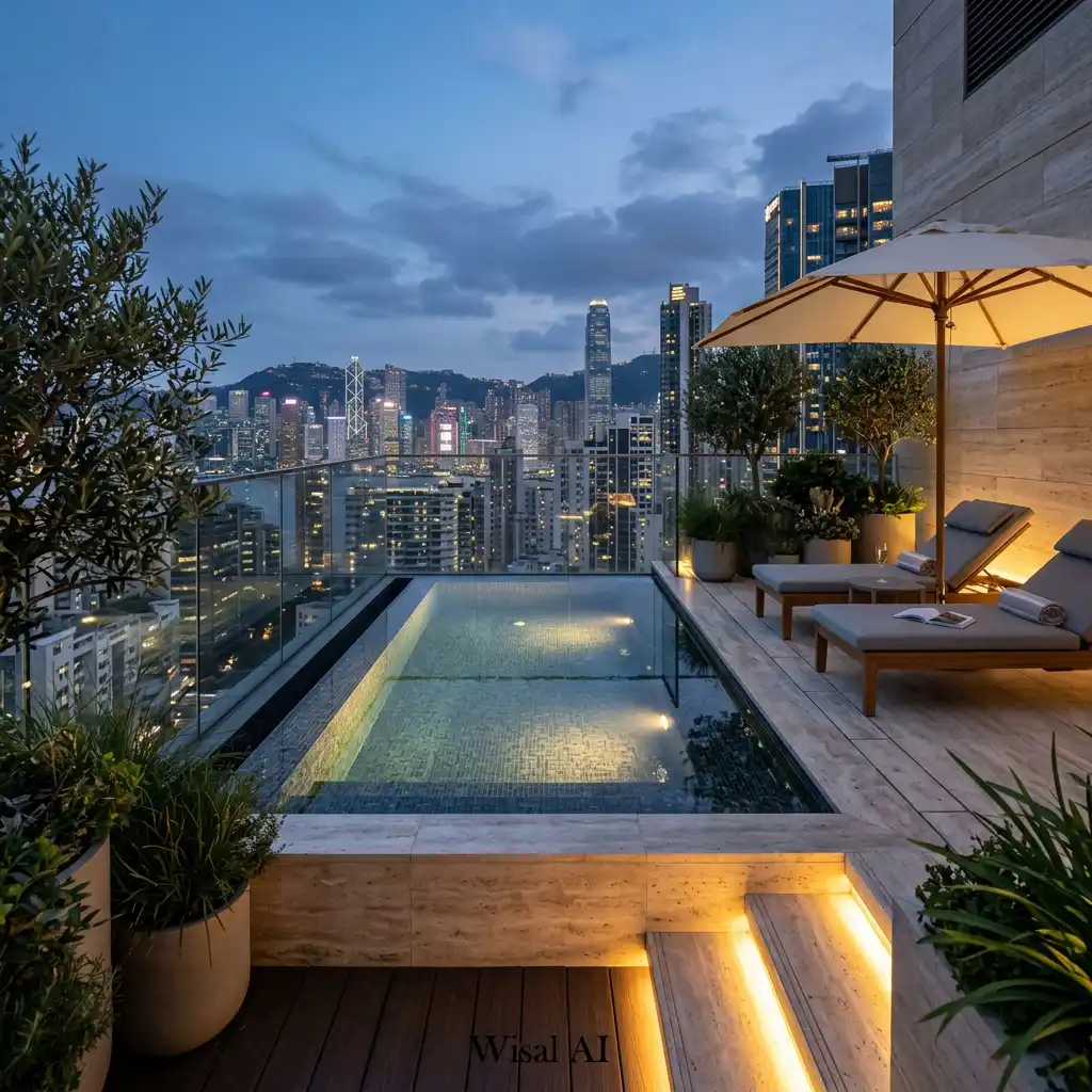 Rooftop terrace featuring a luxury plunge pool with elegant lounge chairs