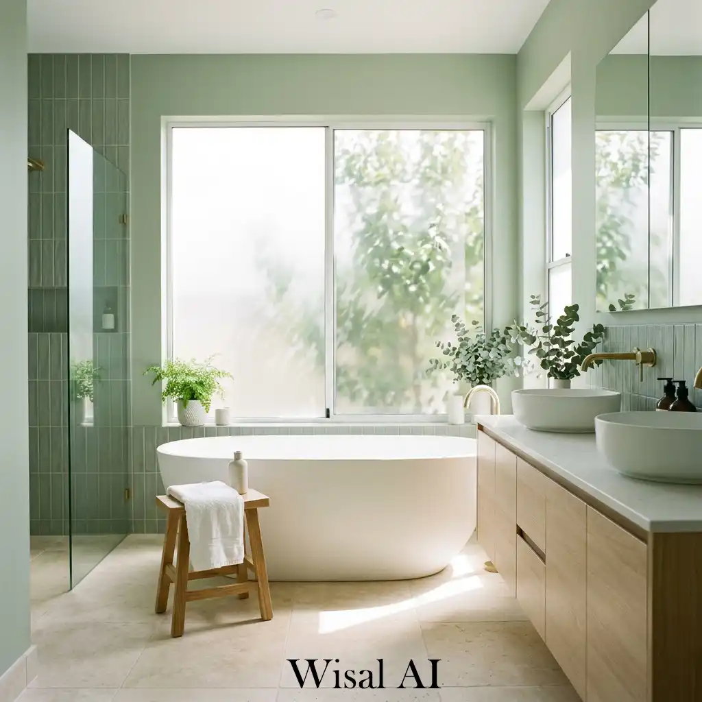 Bright natural light sage green bathroom airy space
