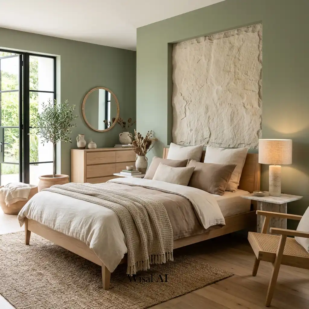 Sage green bedroom with white oak furniture and natural stone accent details.