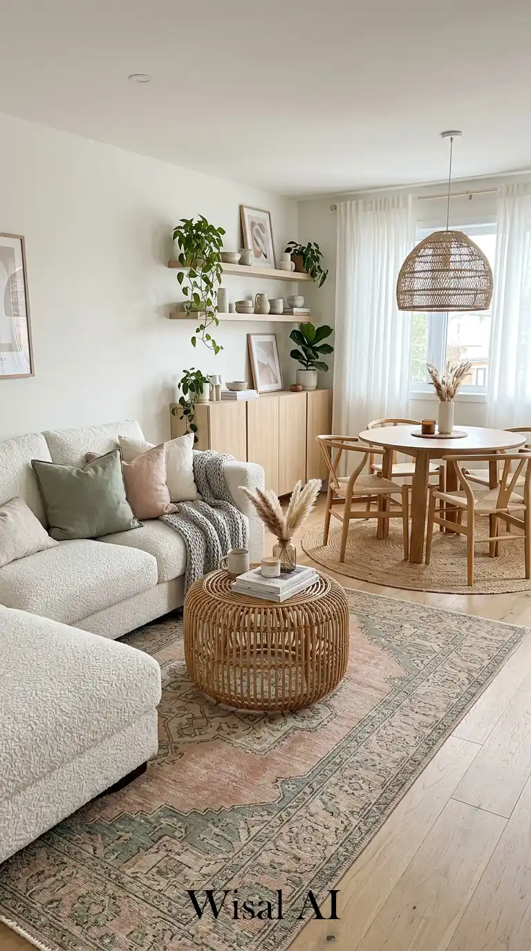 9. Scandi-Boho Comfort: Small Living Room with Dining Table