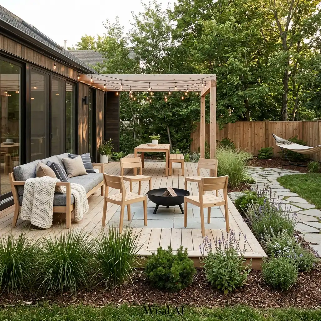 Scandinavian-style backyard with natural wood elements and cozy outdoor seating