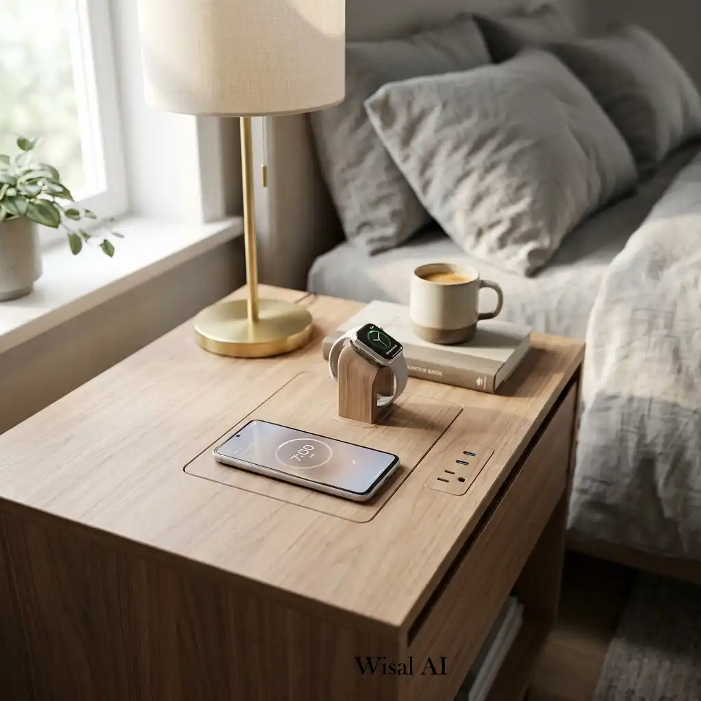 Bedside table with hidden cable management and wireless charging station.