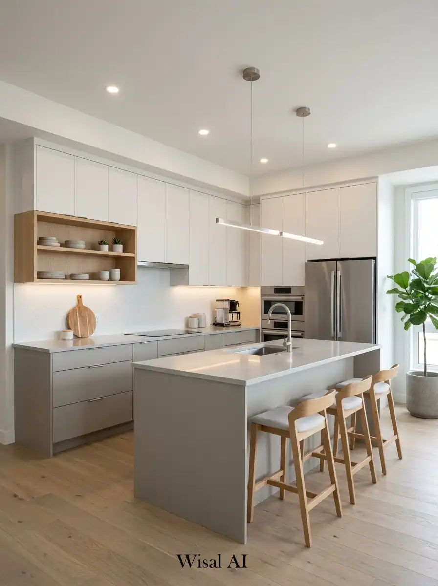 Contemporary kitchen with soft white tones and greige cabinetry for a modern neutral look.