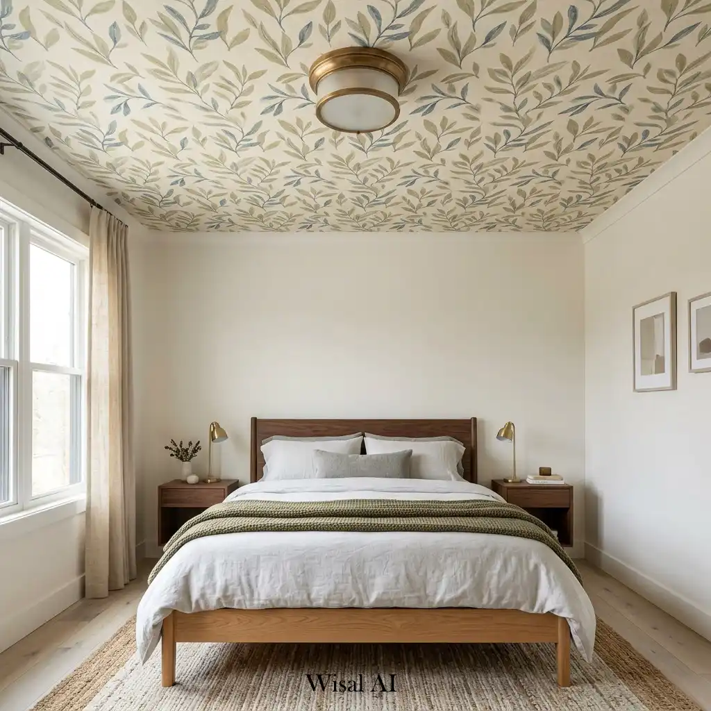 Stylish bedroom with a statement wallpaper ceiling and neutral furnishings.