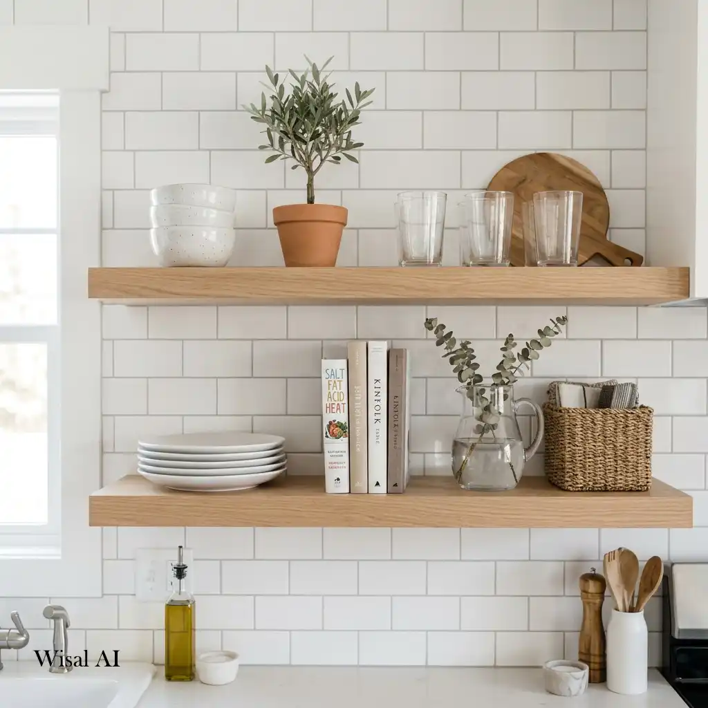 Beautiful kitchen with thoughtfully styled open shelves displaying ceramics and natural décor.