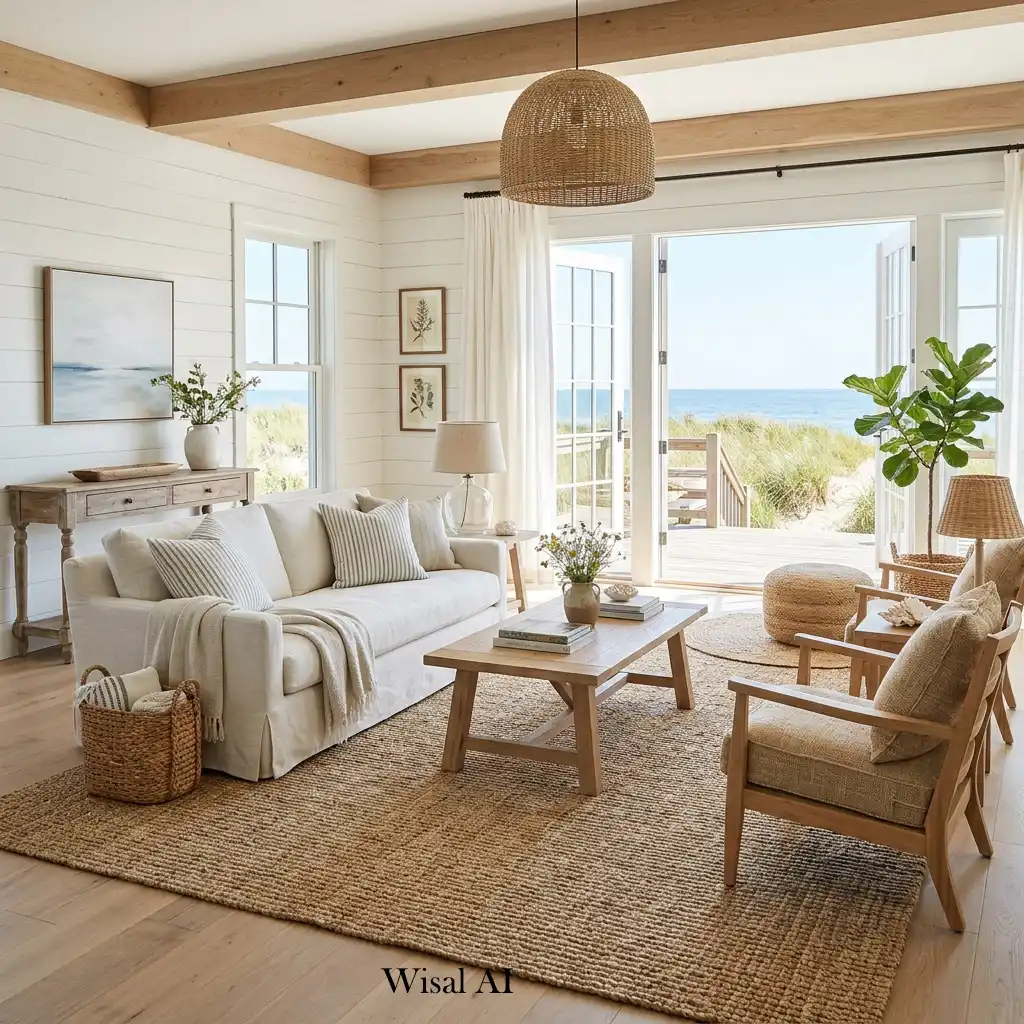 Summer living room featuring a woven natural fiber area rug.