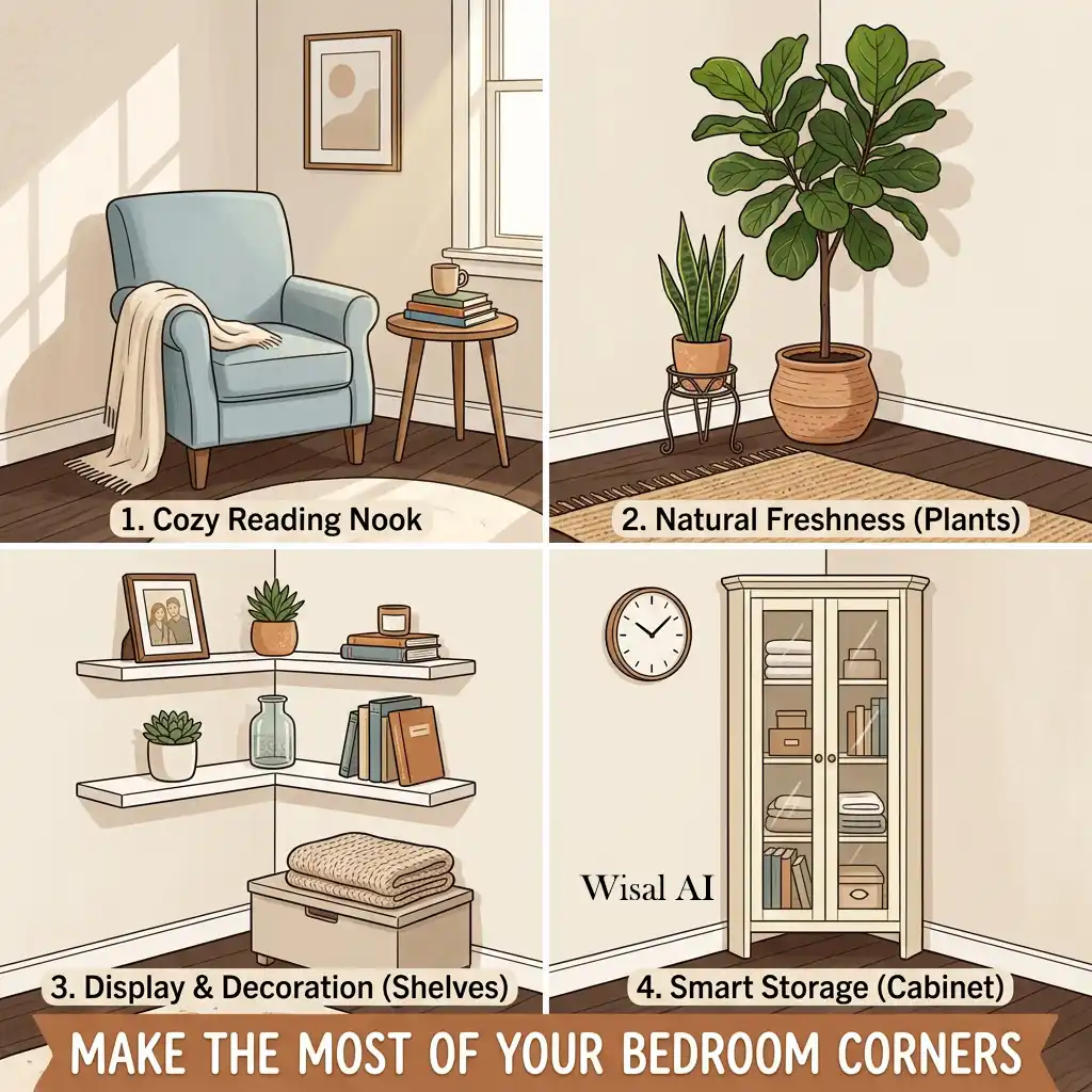 Cozy bedroom corner featuring an accent chair and decorative indoor plant.