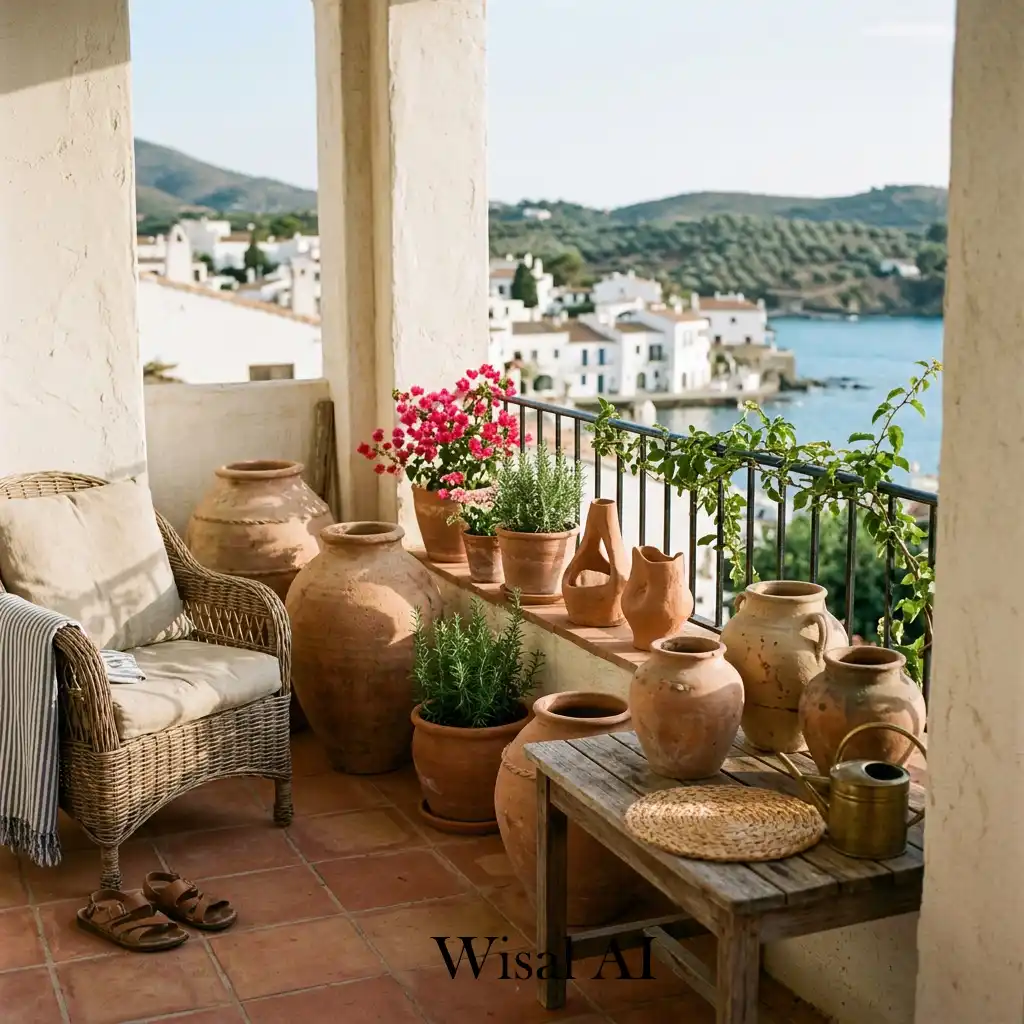 Rustic clay decor and terracotta accessories on outdoor balcony