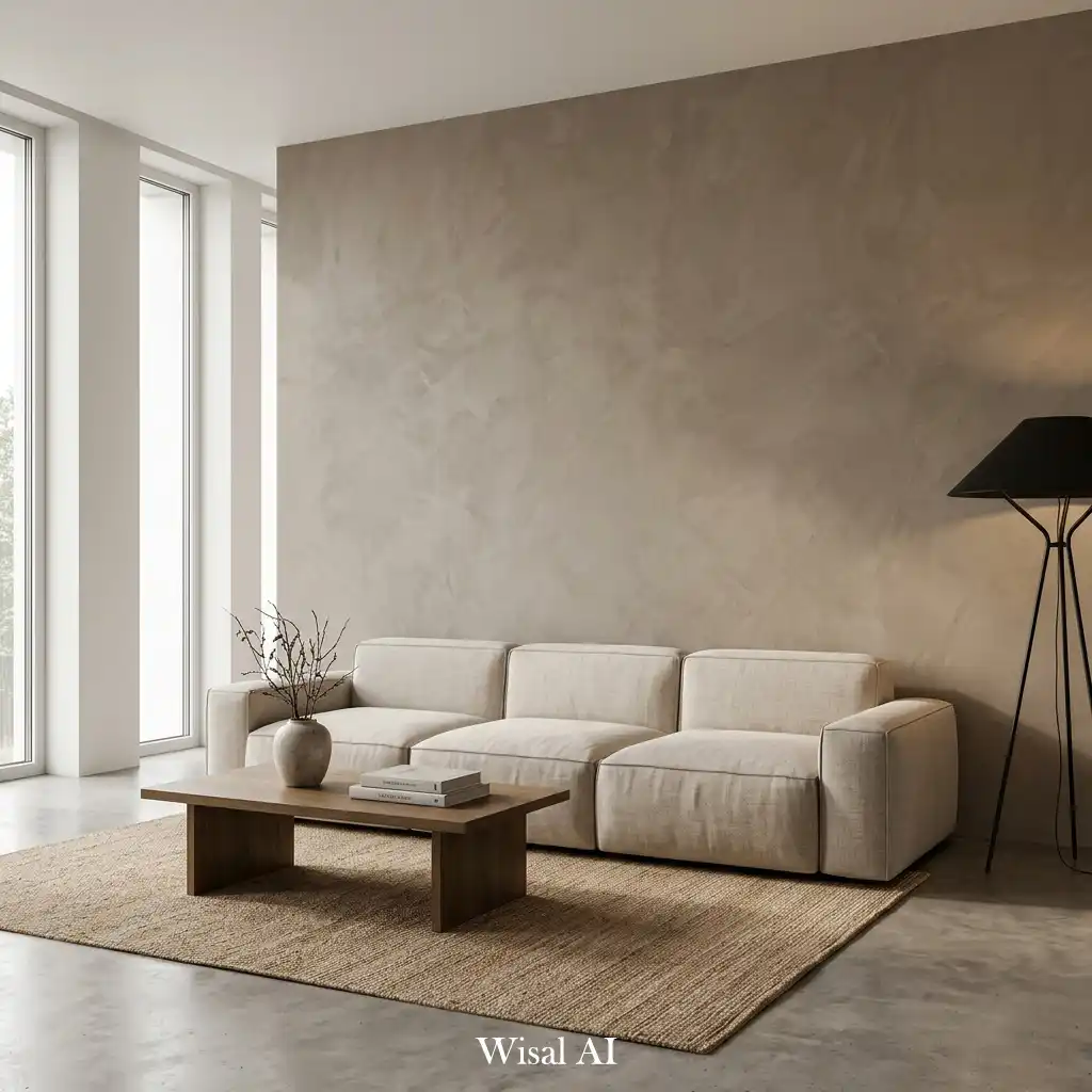 Modern living room with textured plaster walls and soft natural lighting