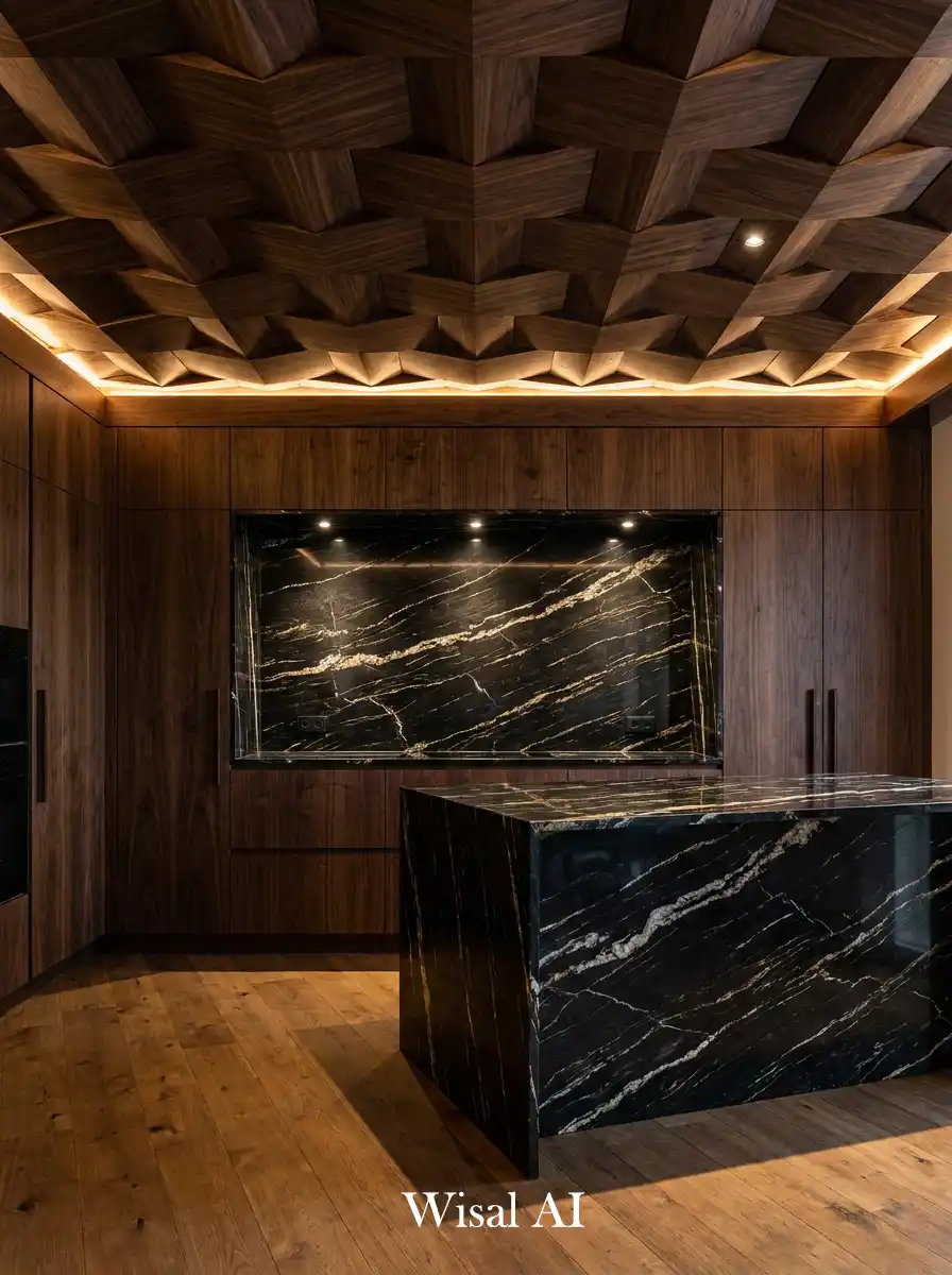 9. Geometric Wood Paneling & Invisible Light Kitchen