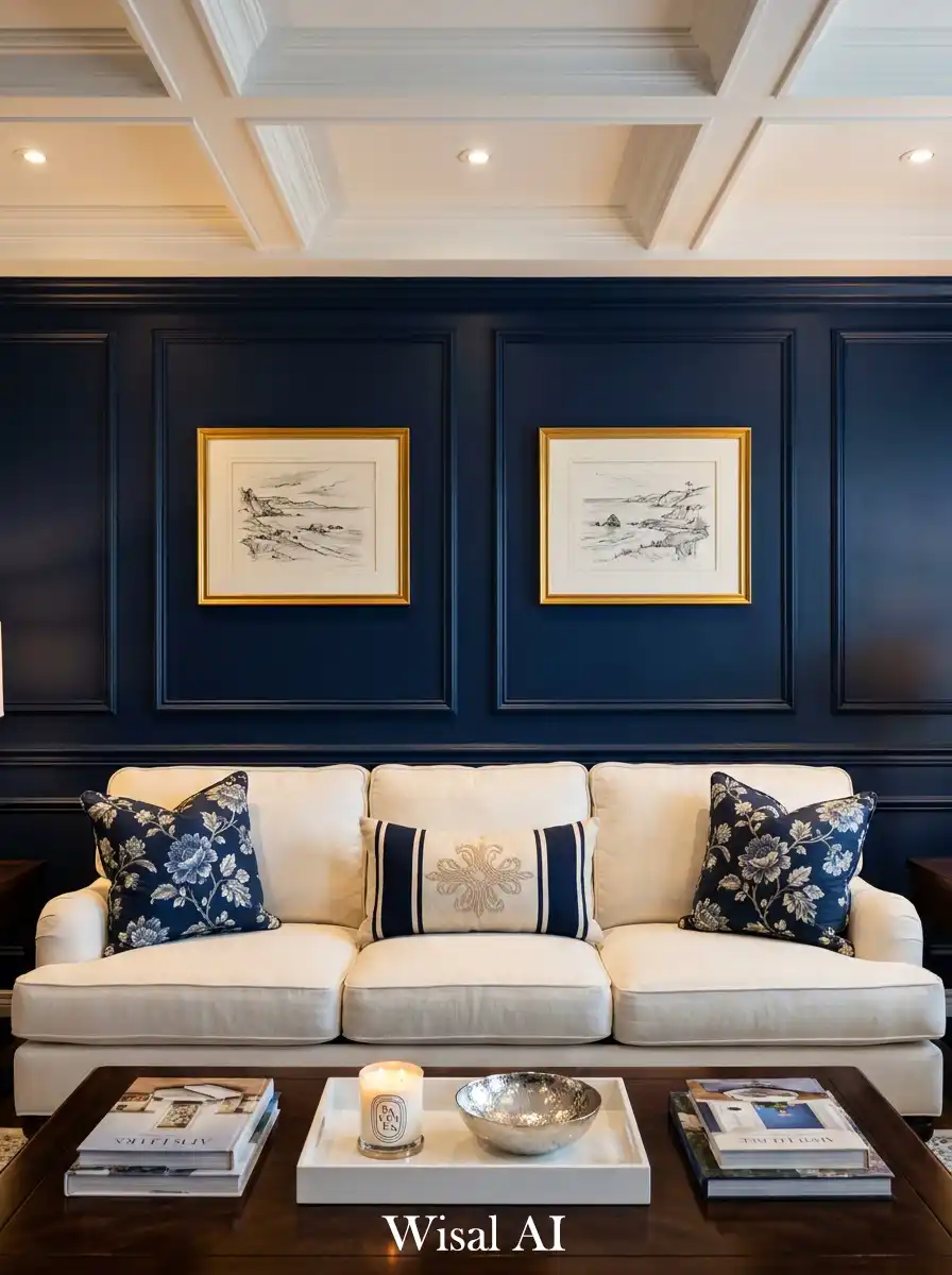 19. The Structured Serenity: Navy Blue and White Living Room