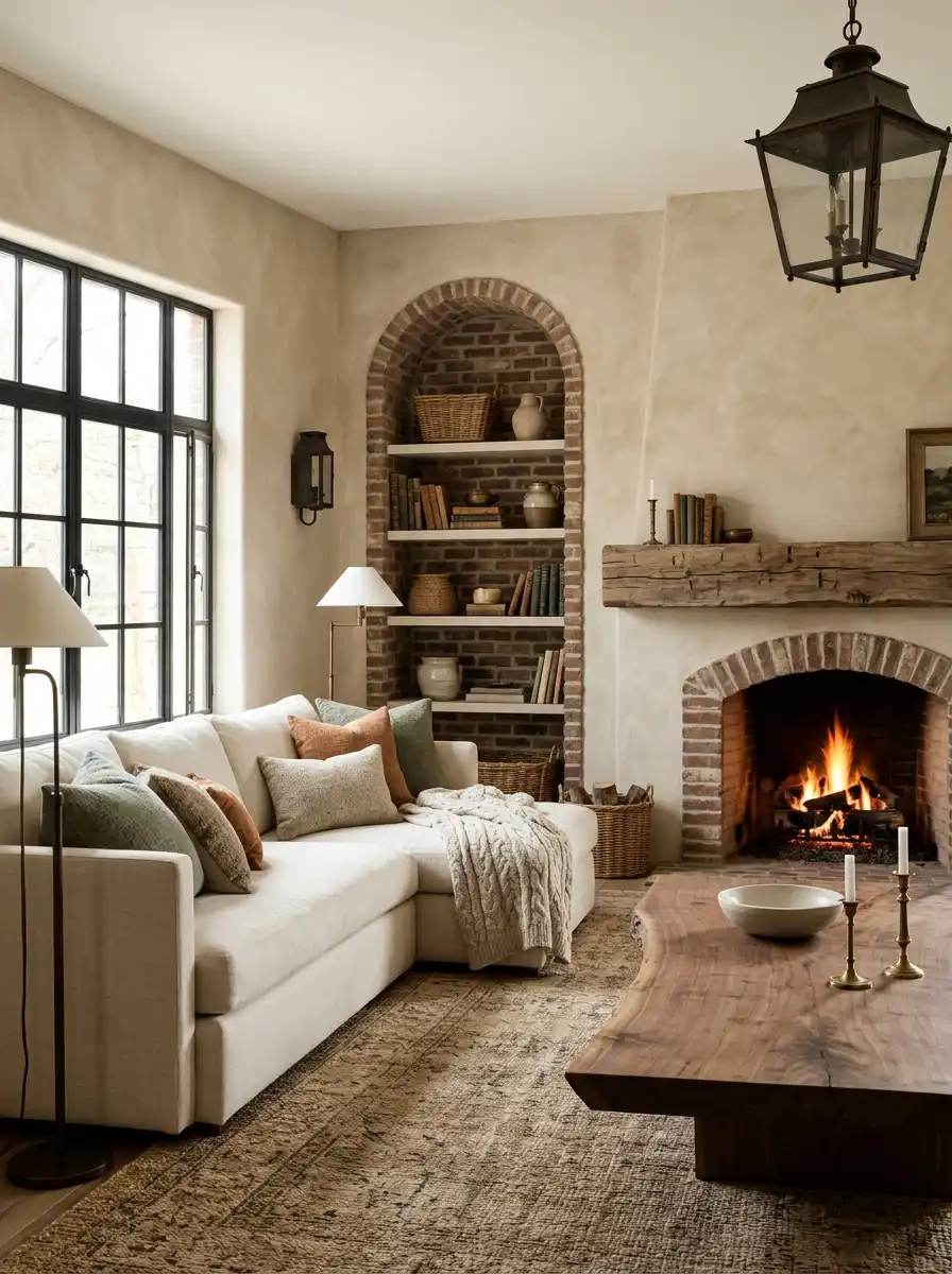 19. The Timeless Cottage Hearth: A Brick-Arched Farmhouse Living Room Idea