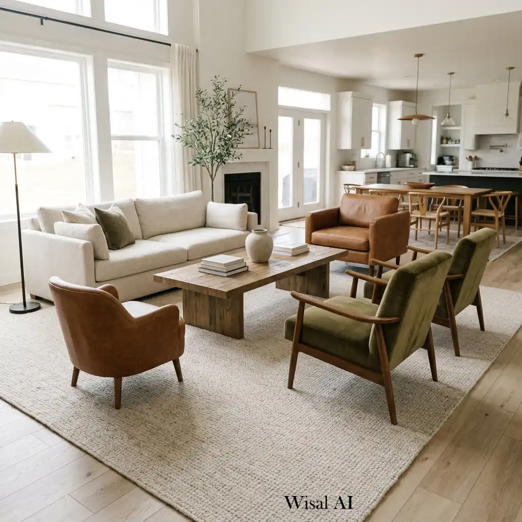 Oversized neutral area rug anchoring a spacious seating arrangement.