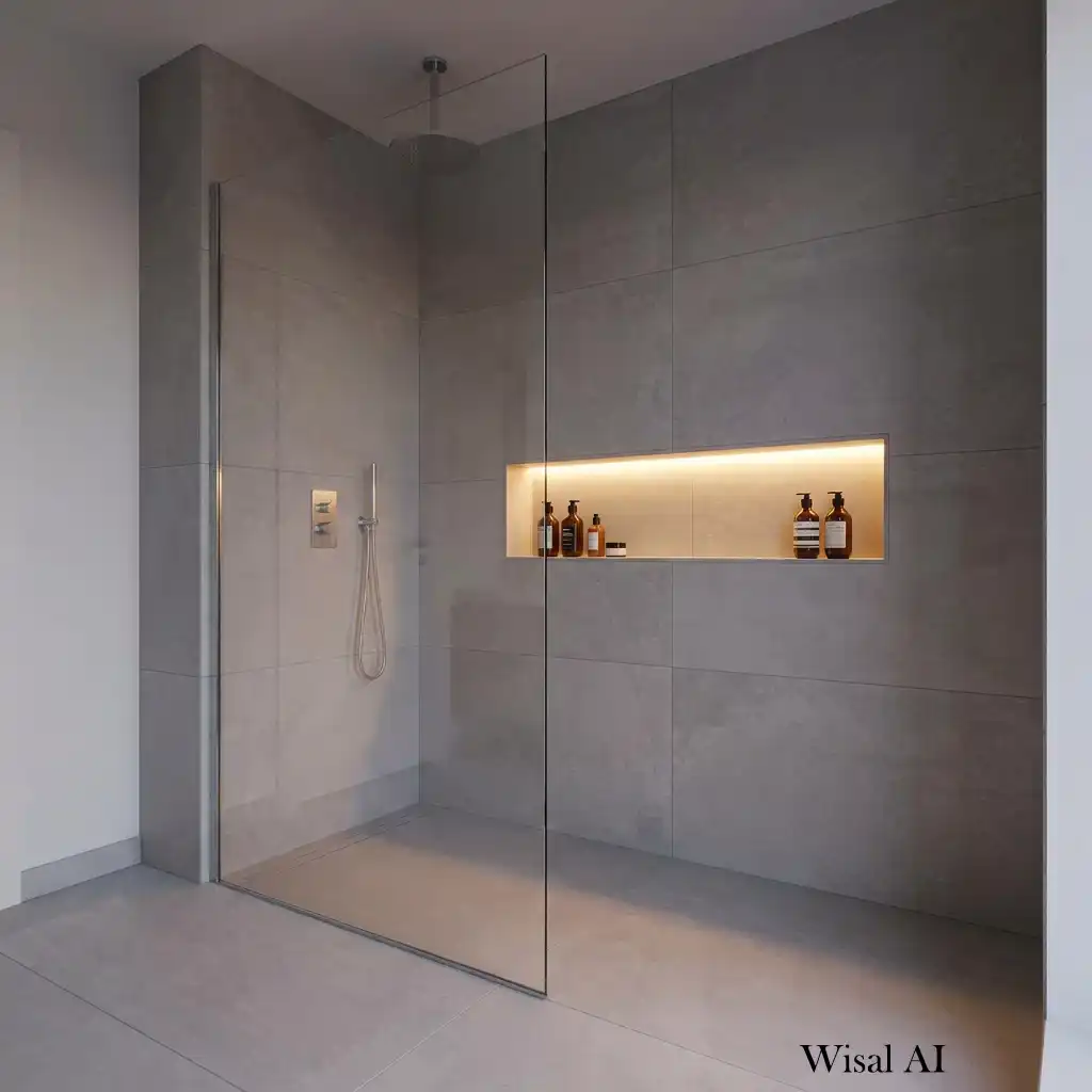 Luxury shower with an illuminated built-in niche and large-format porcelain walls.