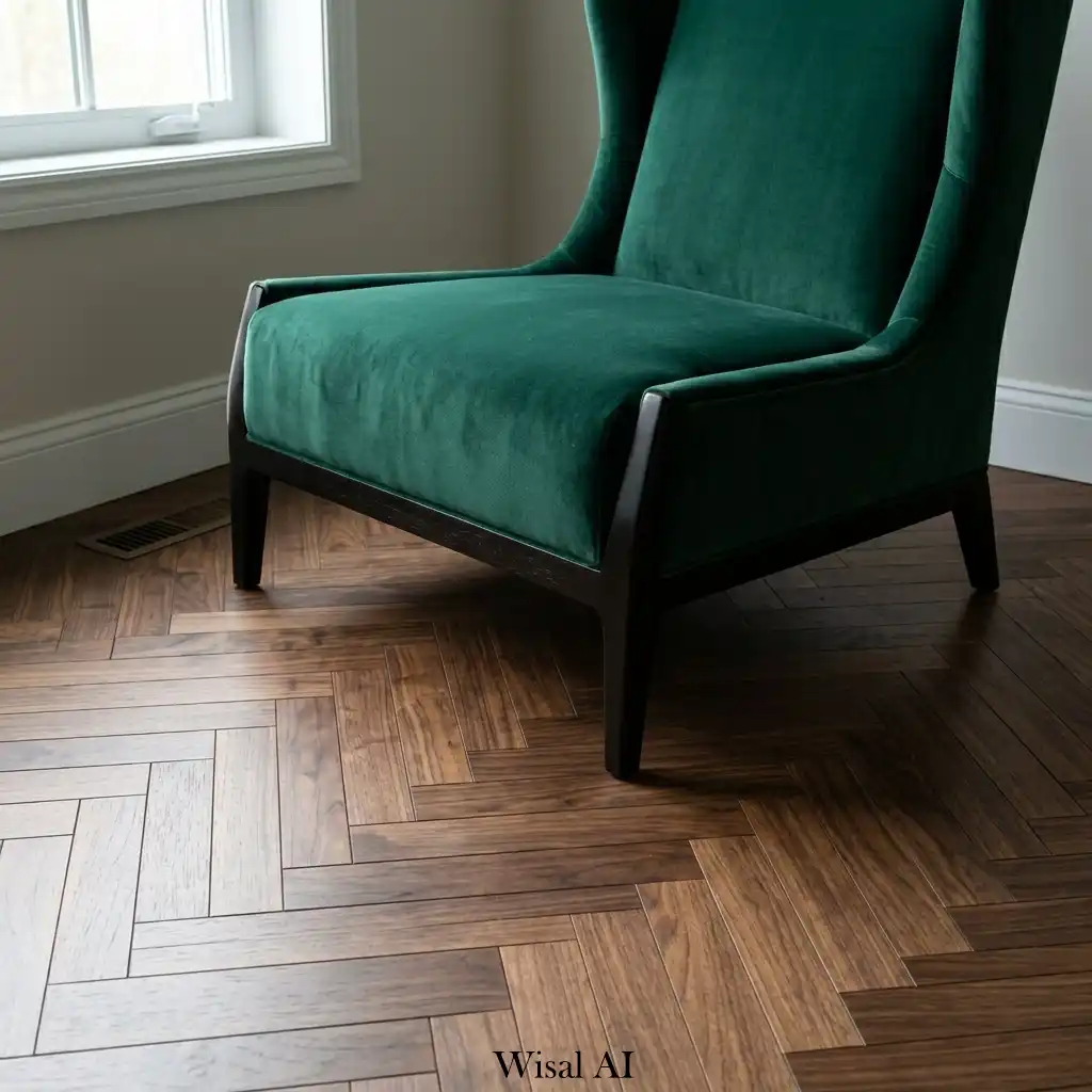 Walnut herringbone flooring with velvet seating in elegant bedroom
