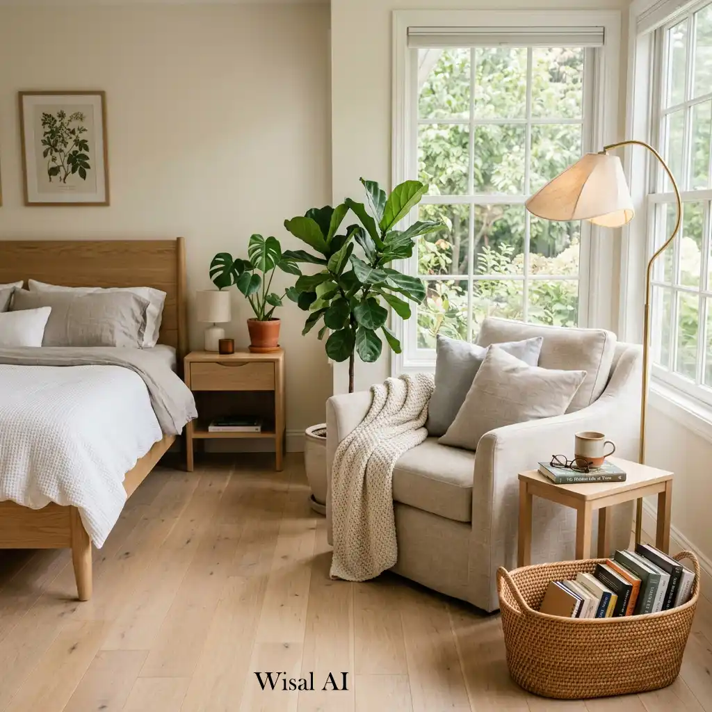 Cozy reading corner in a white oak bedroom with an upholstered armchair.