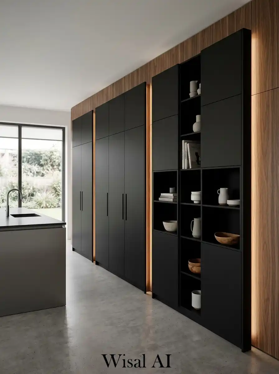 Modern kitchen with black storage units wooden background and layered architectural interior style.