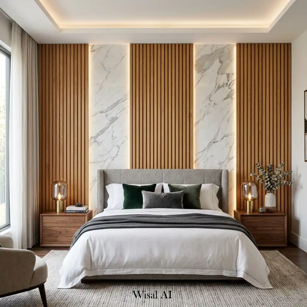Luxury bedroom combining a wood slat wall with elegant marble accent panels.