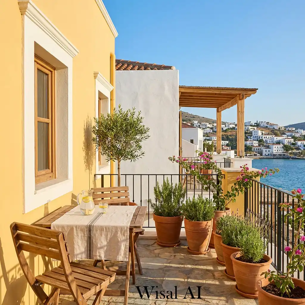 Mediterranean yellow balcony with white walls and terracotta planters