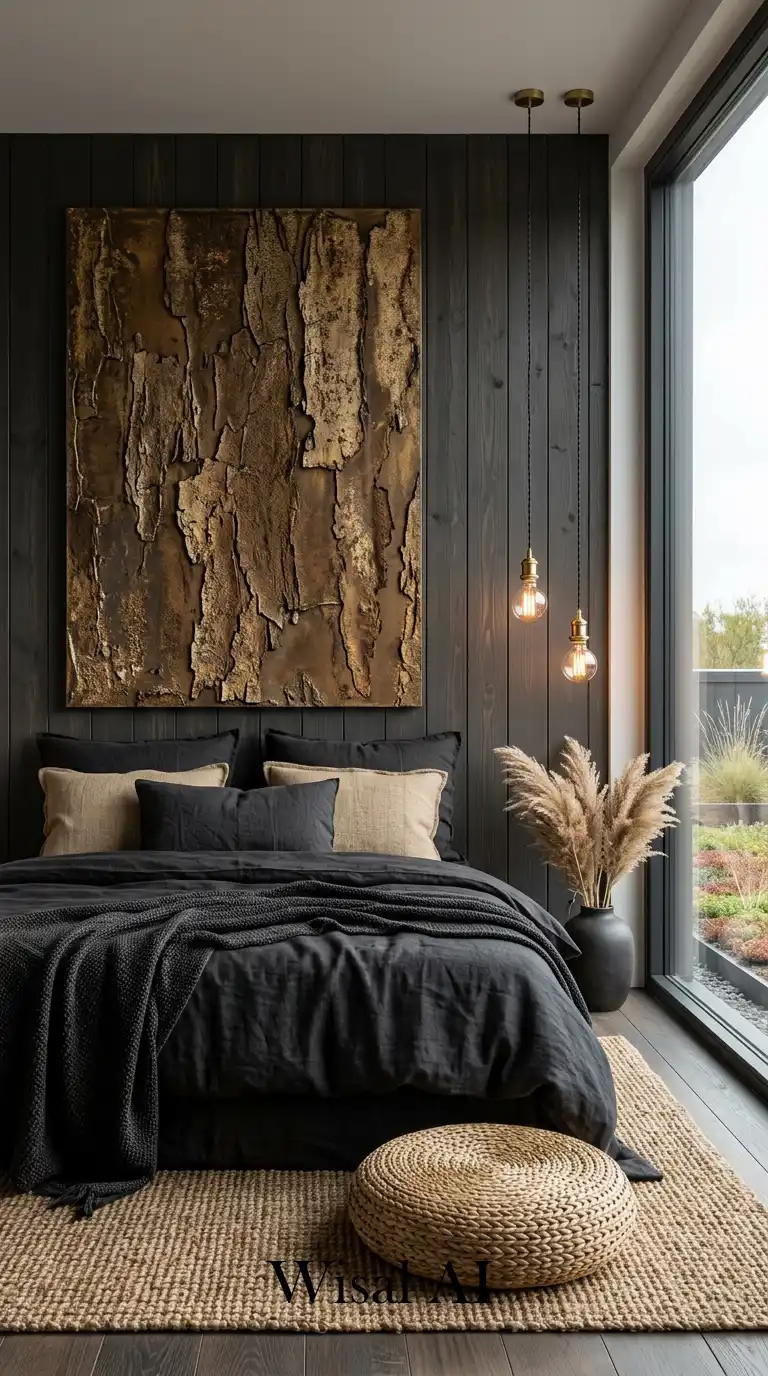 A Bold and Textured Industrial Design: A Moody Cozy Bedroom Idea for Your Apartment