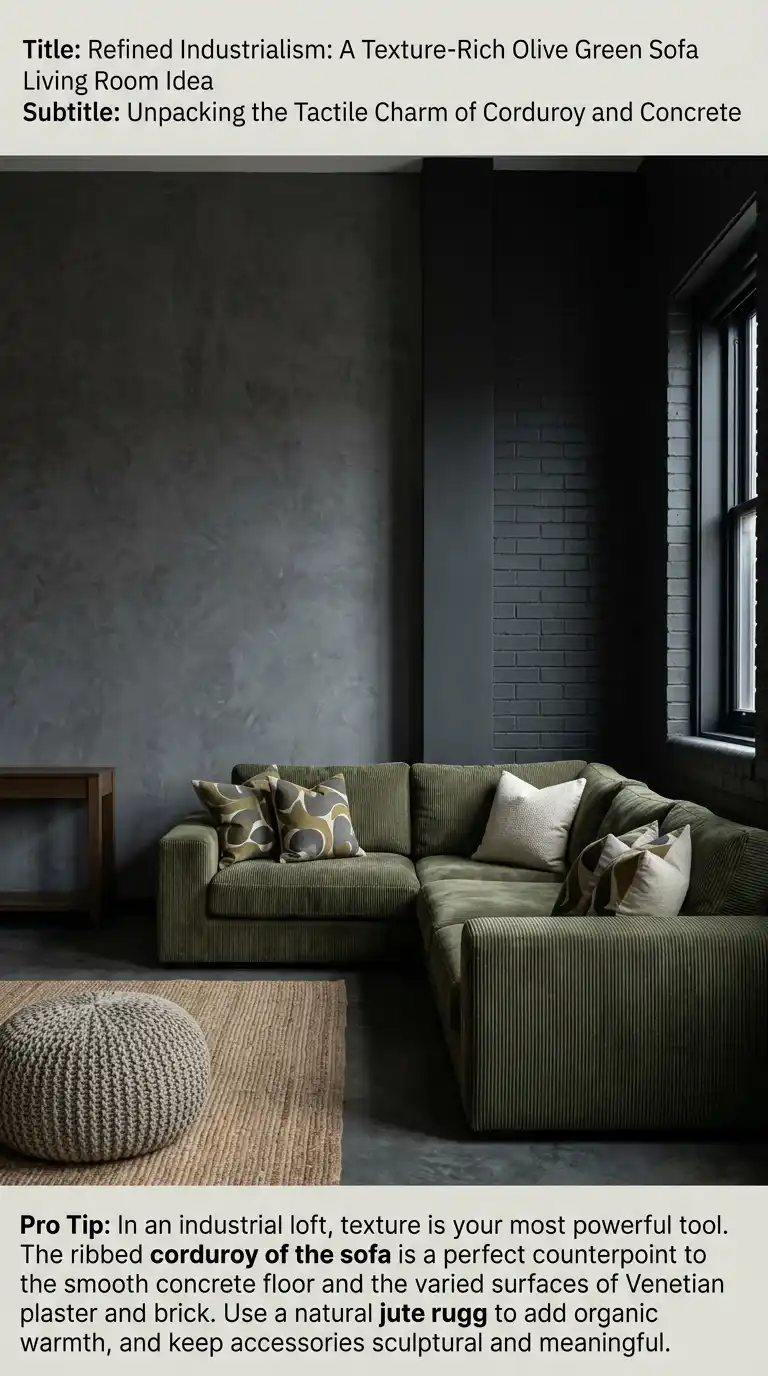 29.A Lesson in Tactile Design: Venetian Plaster Meets a Textured Olive Green Sofa