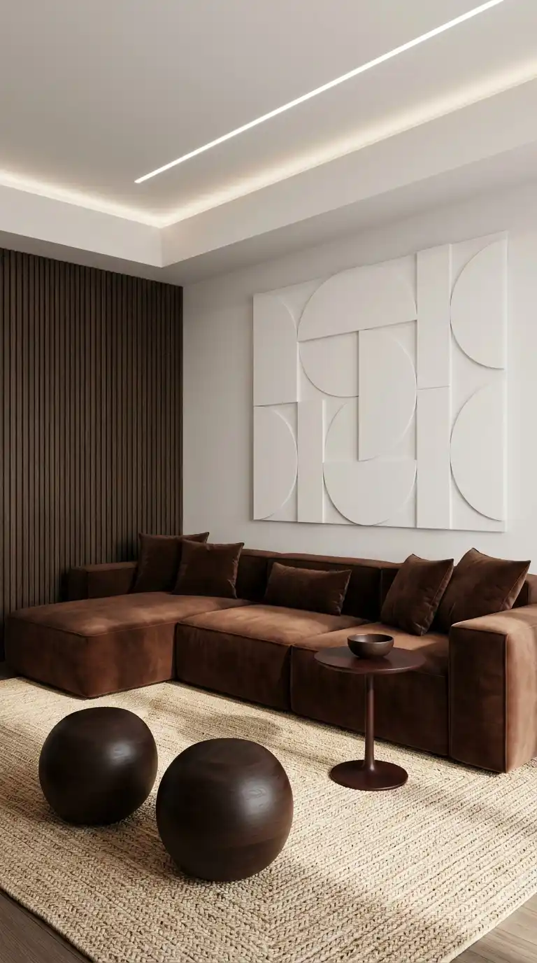A Sculptural and Modern Dark Brown Living Room Retreat