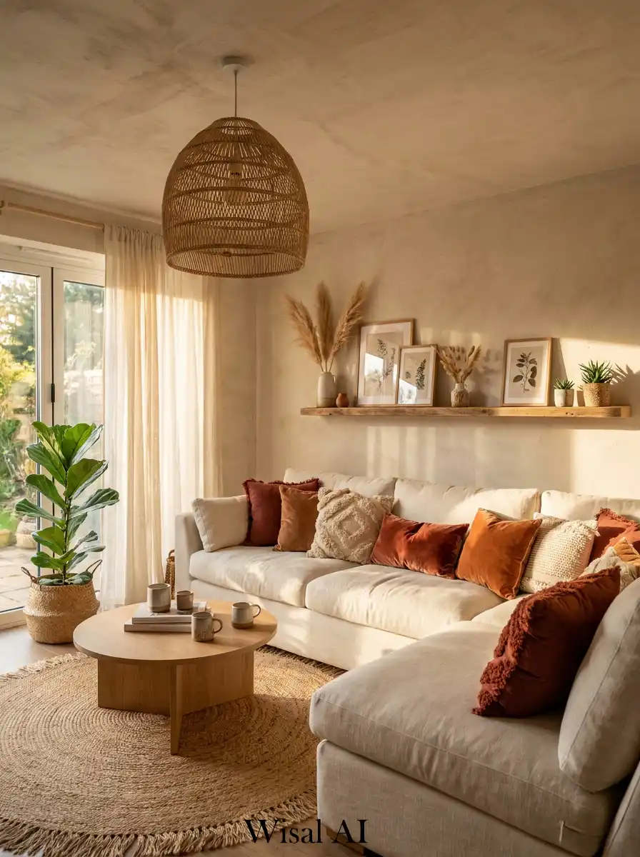 1.A Serene Boho Living Room Haven with Earthy Tones