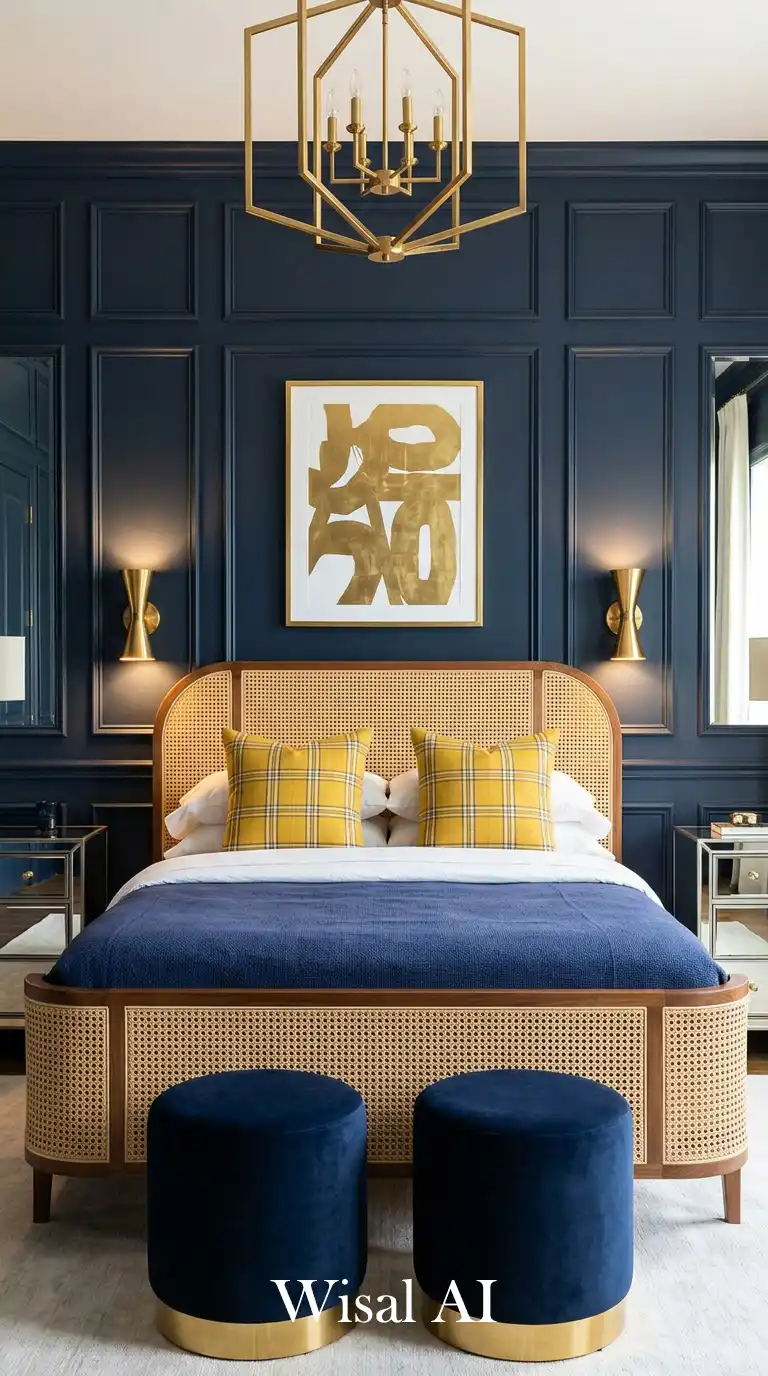 18. Gilded Glamour: Mid-Century Rattan Meets Navy