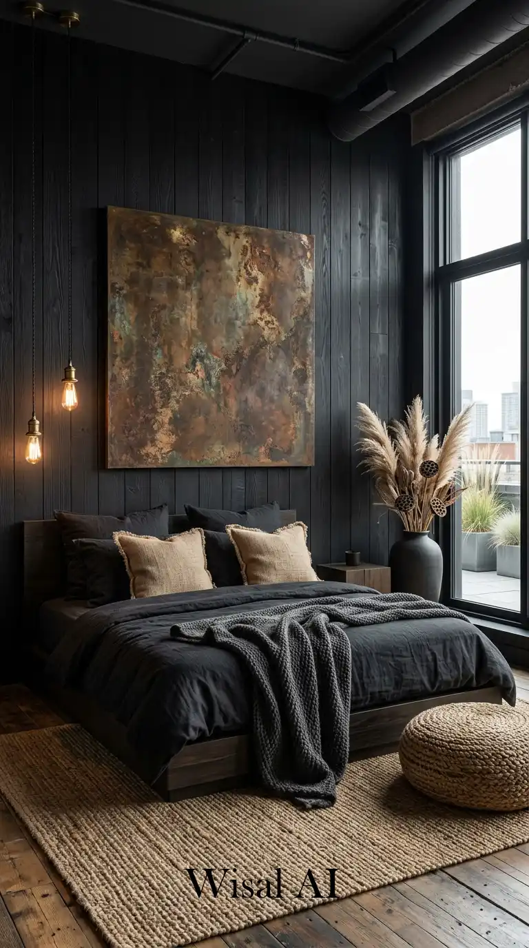 Architectural Depth and Metallic Accents: A Unique Cozy Bedroom Idea with a Creative Edge