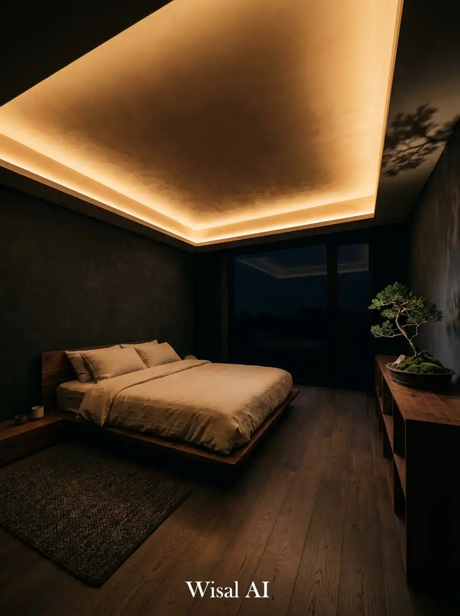 13. Hidden LED Cove Lighting in a Dark Japandi Bedroom