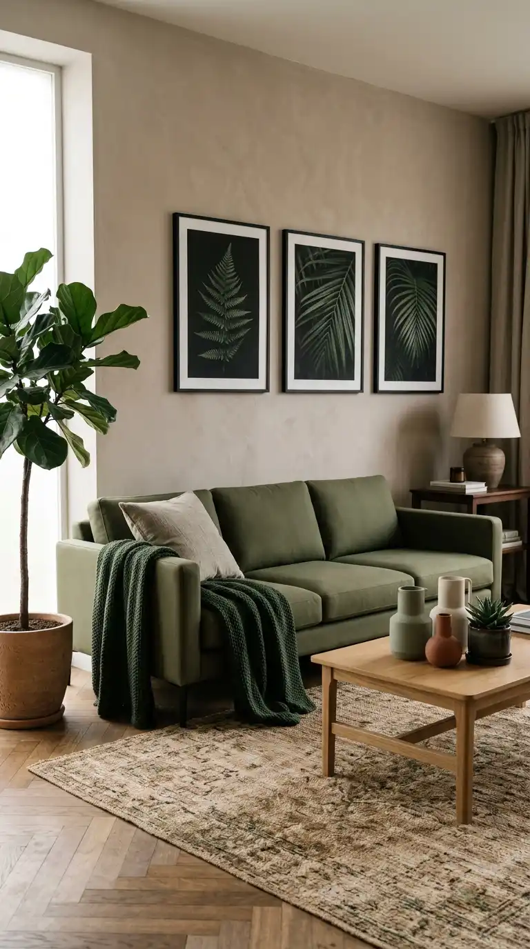 34.Art-Centric Living Room Concepts with a Sleek Olive Green Sofa