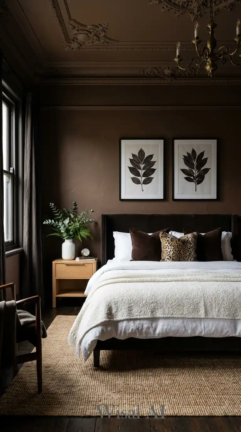 9.Artistic Depth: The Curated Charm of a Luxury Brown and White Bedroom