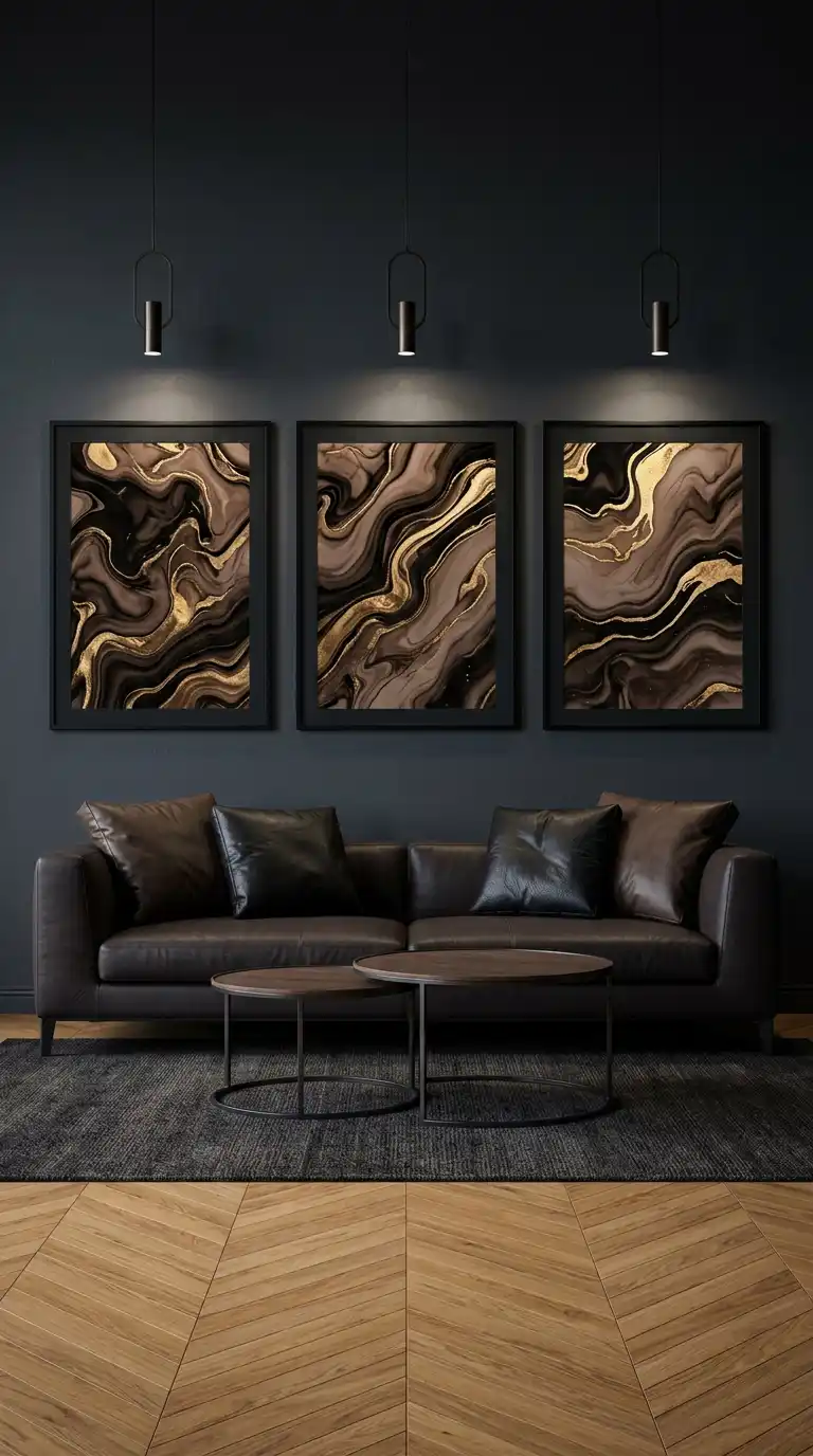 3.Artistic Symmetry: Dark Moody Living Room Triptych Designs