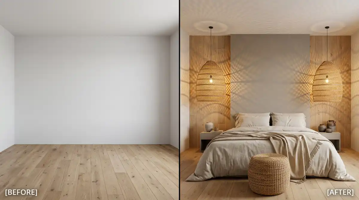 14.Bedroom Idea Before and After: A Seamless Transformation with Woven Pendants and a Warm Wood Feature Wall