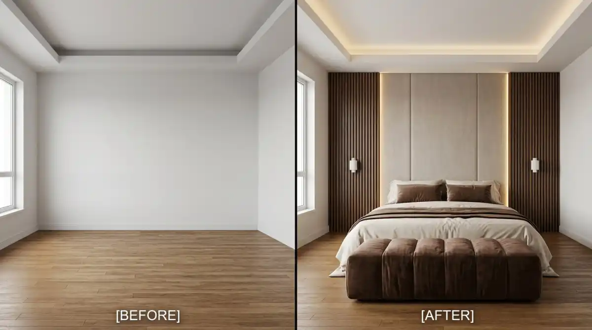 18.Bedroom Idea Before and After: Stunning Modern Slat Wall Transformation with Integrated LED Lighting