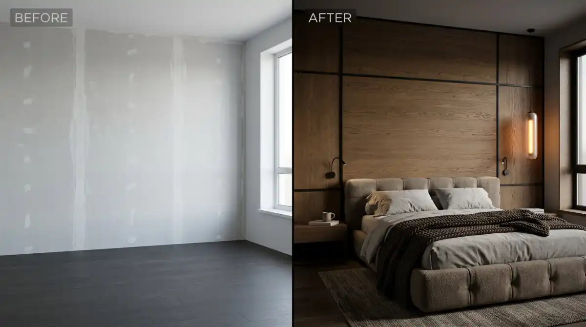 23.Bedroom Idea Before and After: Transform Your Space into a Luxurious Wood-Paneled Retreat with Modern Lighting