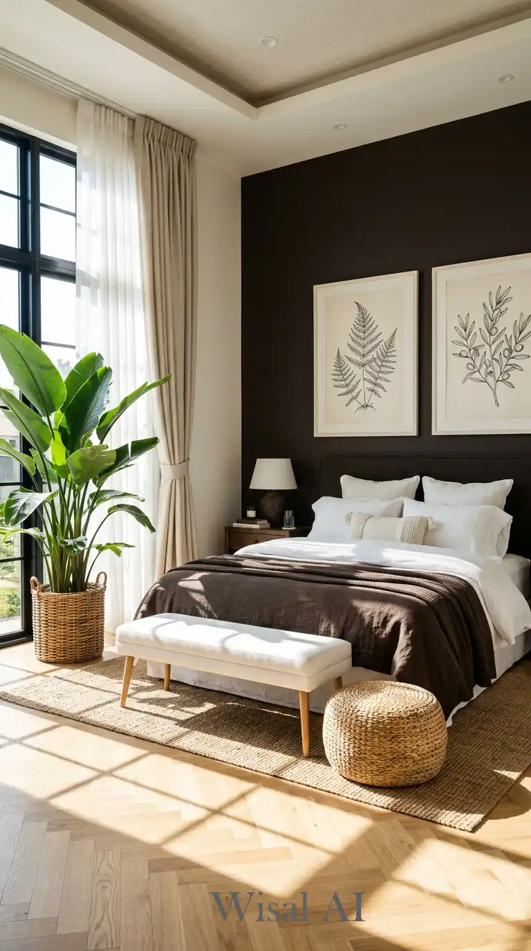 14.Biophilic Balance: Fresh Greenery in a Luxury Brown and White Bedroom