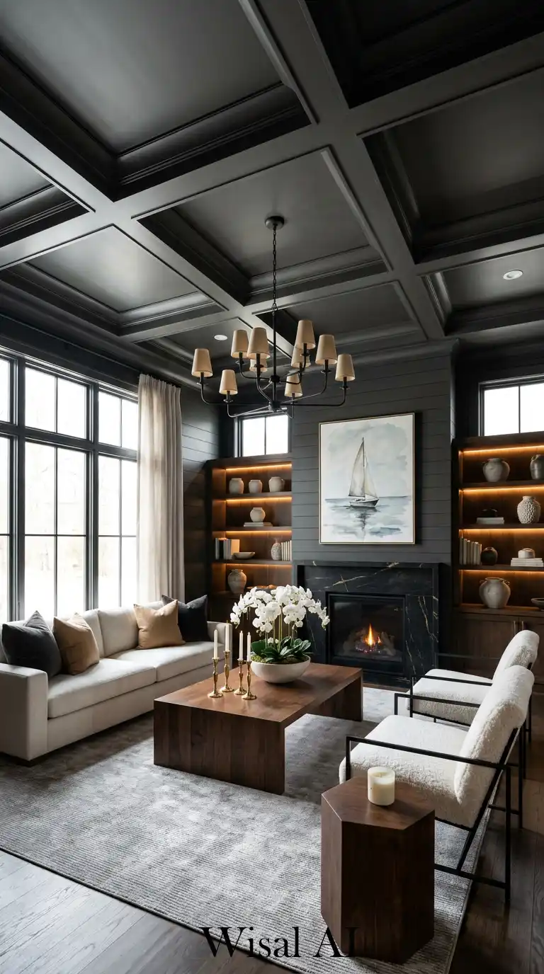Black and White Living Room Idea: The Architectural Drama of a Coffered Ceiling