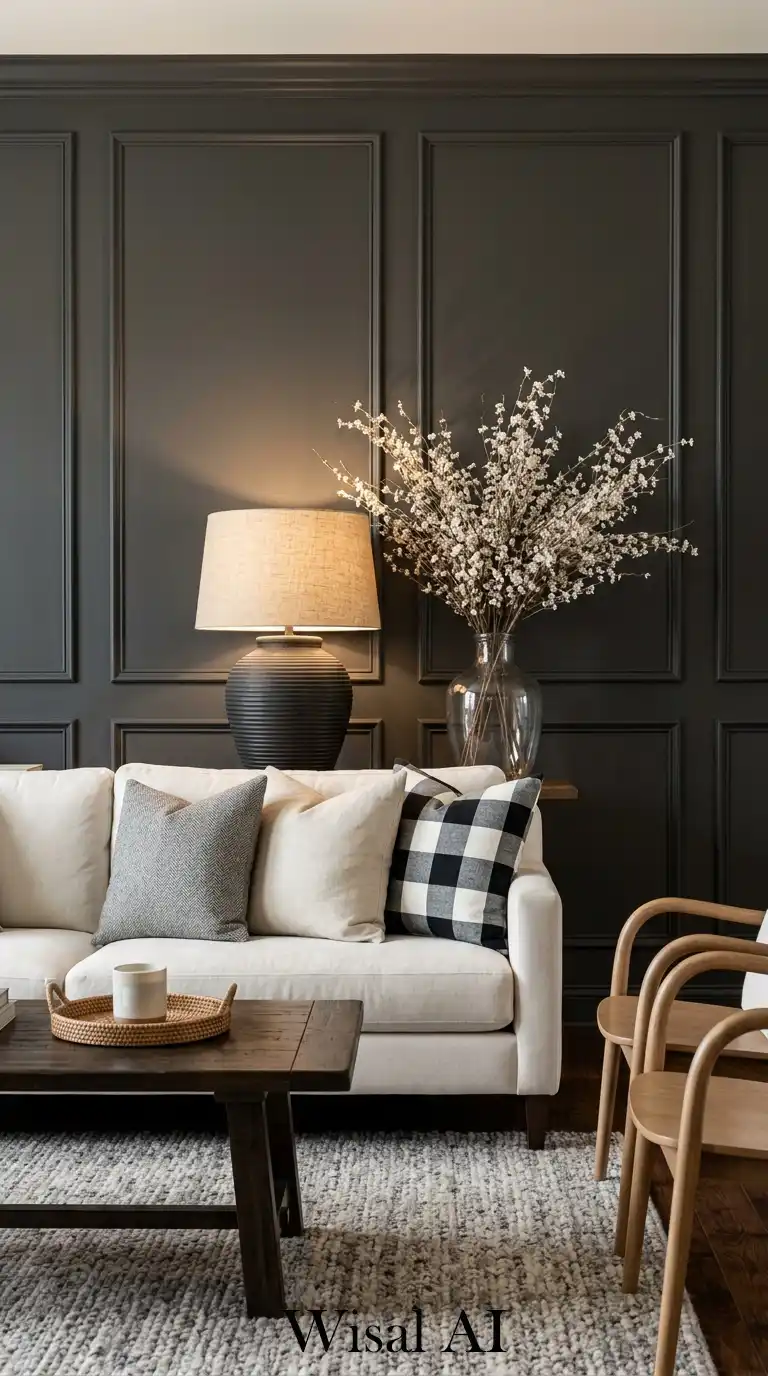 Black and White Living Room Idea: The Richness of Heritage-Style Wall Paneling and Light Textiles