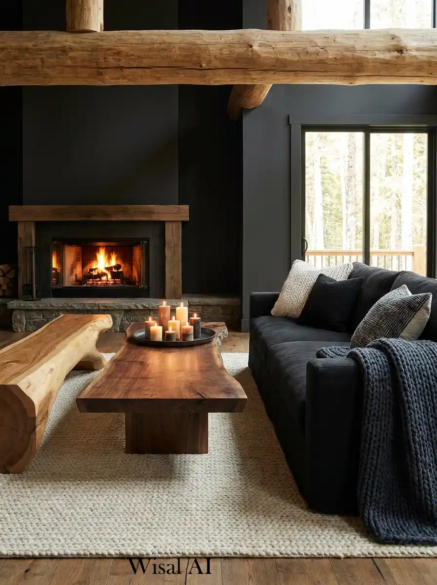 Black and Wood Living Room Idea: Deep Comfort with a Sculptural Bench