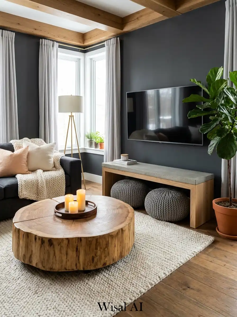 Black and Wood Living Room Idea : Cozy Cabin Vibe with a Concrete Console
