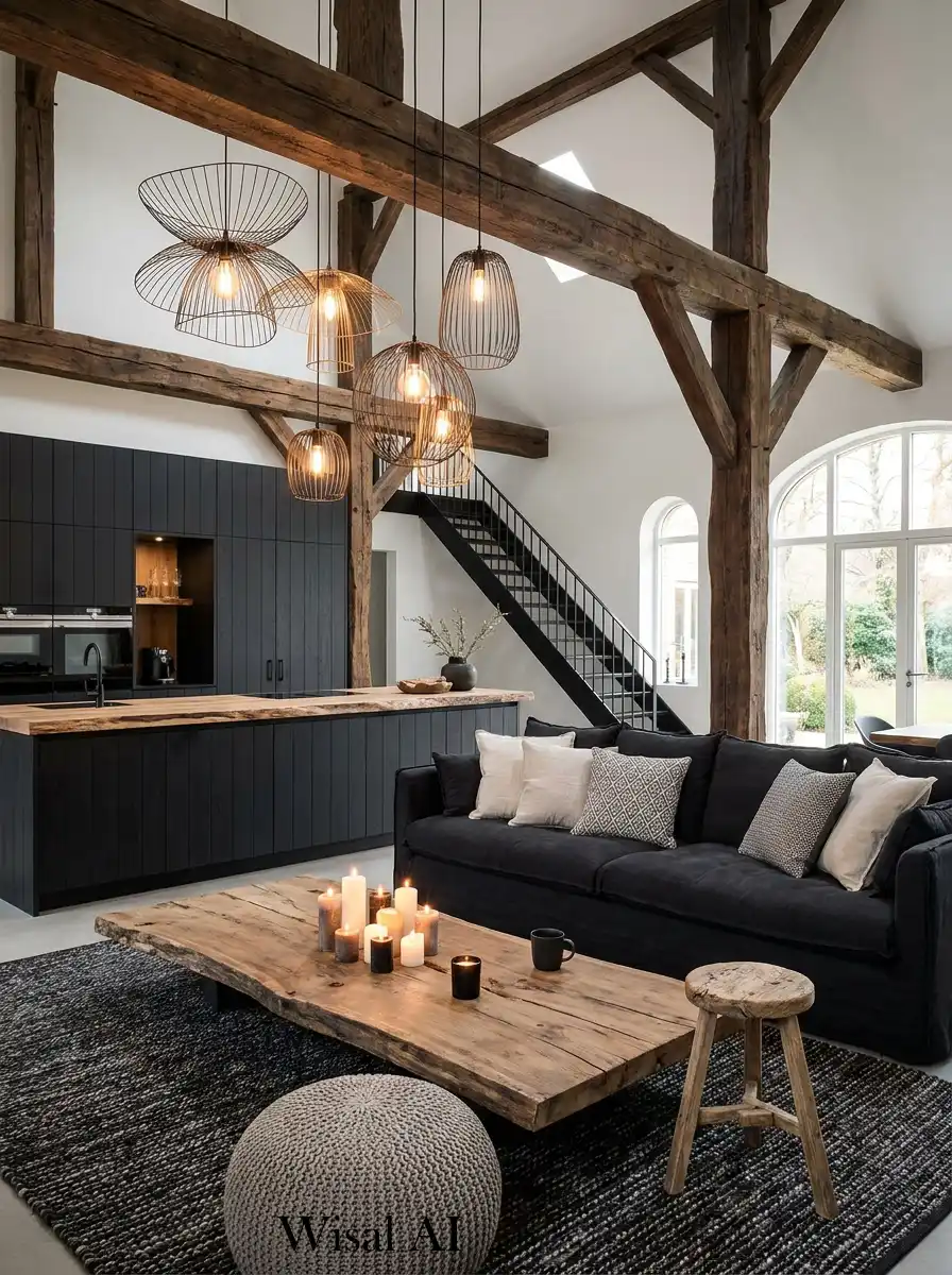 Black and Wood Living Room Idea: Minimalist Lodge Elegance with Dramatic Ceilings