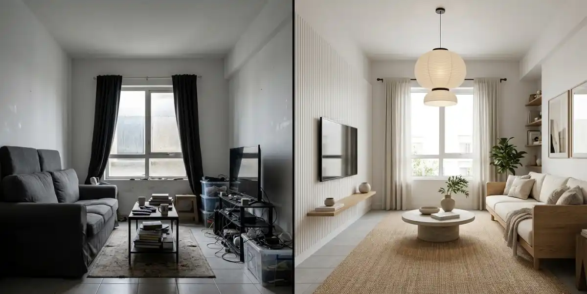 21 Radical "Before & After" Living Room Metamorphoses from Basic to Bespoke Japandi Luxury - The ultimate Japandi Before & After: Swapping bulky furniture for low-profile luxury and walnut textures.