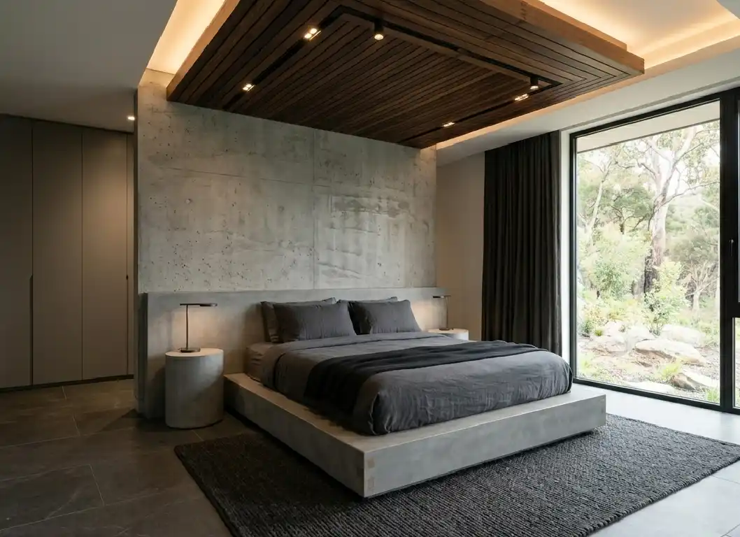 The Art of Japandi: 15  Inspiring Bedroom Designs for a Serene Sanctuary - 2. Monolithic Concrete and Micro-Cement Japandi Bedroom Idea  Technical Description: This design utilizes a Brutalist-inspired approach to the Japandi aesthetic, focusing on cast-in-place concrete and high-performance micro-cement surfaces. The focal point is a monolithic bed base finished in a seamless grey micro-topping,