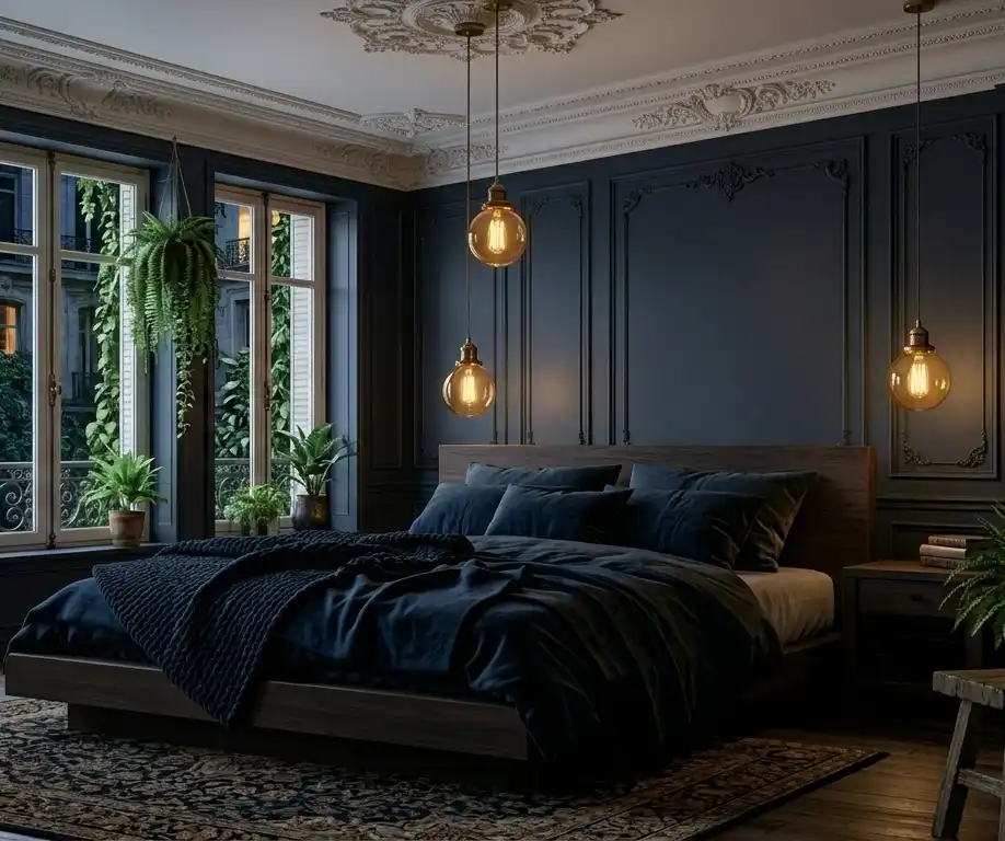 +20 Masterpieces of Shadow: The Ultimate Guide to Dark Moody Bedroom Design - Dramatic wall moldings and overflowing greenery bring a touch of classic romance to this