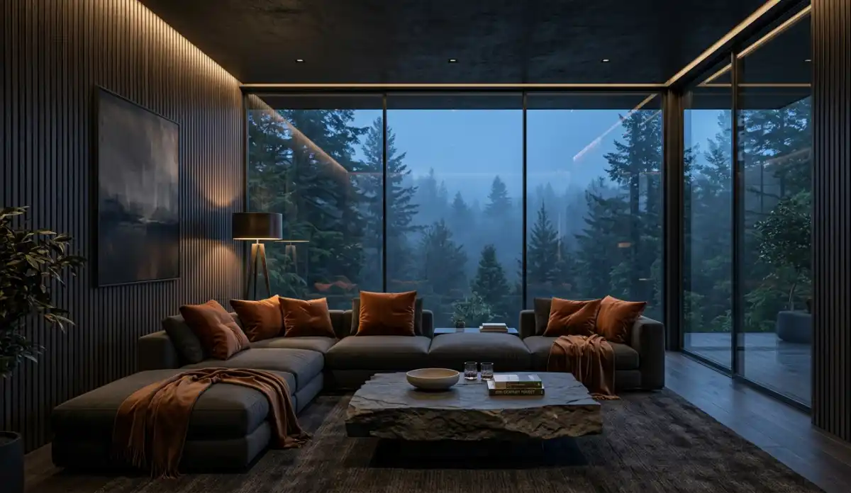+20 Breathtaking Ideas to Master the Dark Living Room Style: A Definitive Guide to Moody Elegance, Cinematic Textures, and High-End Noir Interior Design for the Modern Home - 1. The Modern Slate & Timber Retreat