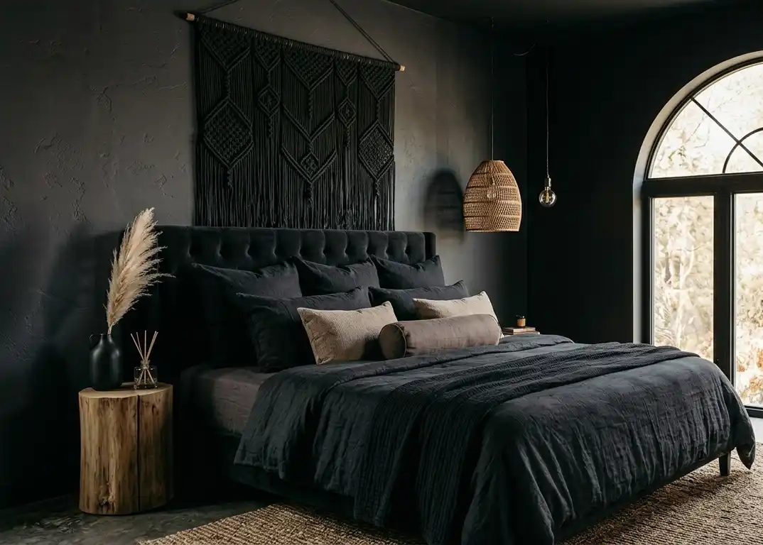 39+ Inspiring Bedroom Ideas: Where Rustic Simplicity Meets Dark Palace Elegance. -  professional, high-end photograph of a moody and sophisticated bedroom that merges dark, 
