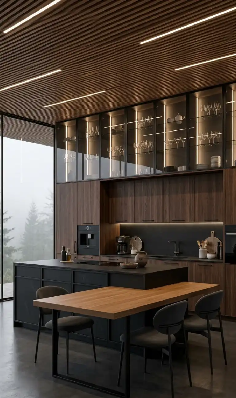 +30 Luxury Modern Kitchen Ideas: Redefining Industrial Noir and Japandi Minimalism - Luxury Modern Kitchen Idea: Smoke Glass and Timber Integration