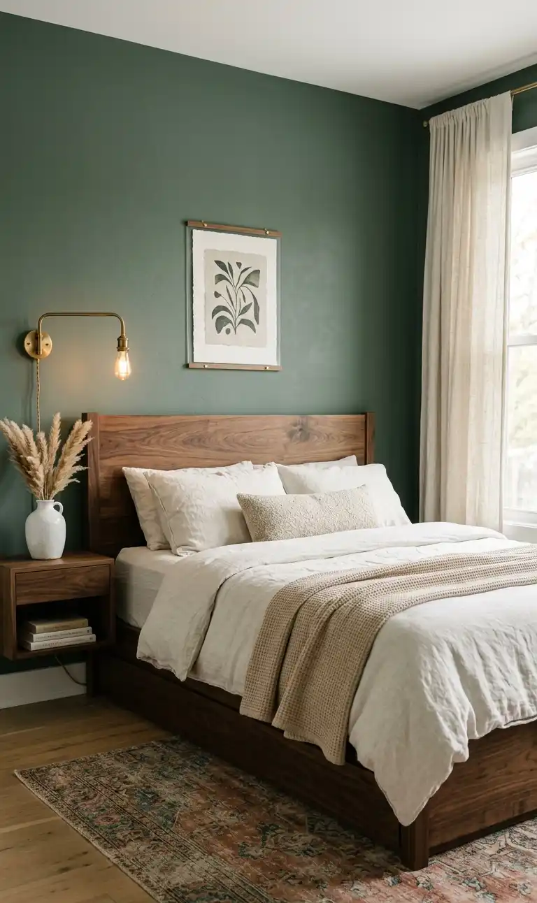 20 Inspired Sage Green Bedrooms for a Restorative and Calm Interior You’ll Love -  The Rustic Walnut Retreat bedroom